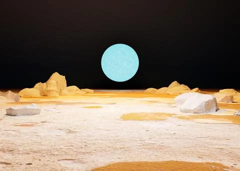 3d render of lunar Moon metal product presentation stage on water with rocks and Ilustração Stock