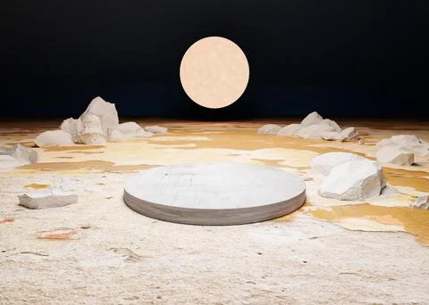3d render of lunar Moon over product presentation stage on yellow stone plateau Ilustração Stock