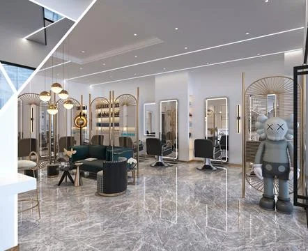 3D render of a luxury barber salon interior with a modern and elegant design. Stock Illustration