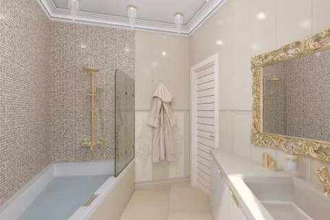 3d render luxury bathroom interior design in a classic style Stock Illustration