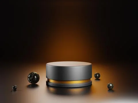 3d render luxury black pedestal or stand podium with golden frame and marble Stock Illustration