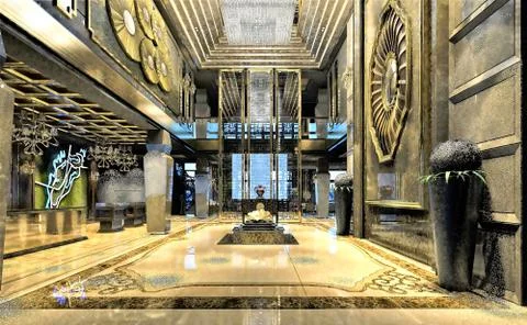 3D Render of luxury building interior lobby Ilustración de archivo