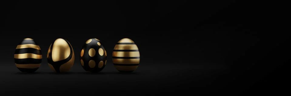 3d render luxury golden easter egg in row on dark background. Elegant painted 스톡 일러스트