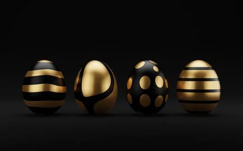 3d render luxury golden easter egg in row on dark background. Elegant painted 스톡 일러스트