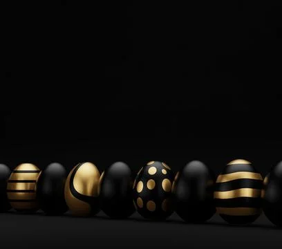 3d render luxury golden easter egg in row on dark background. Elegant painted 스톡 일러스트