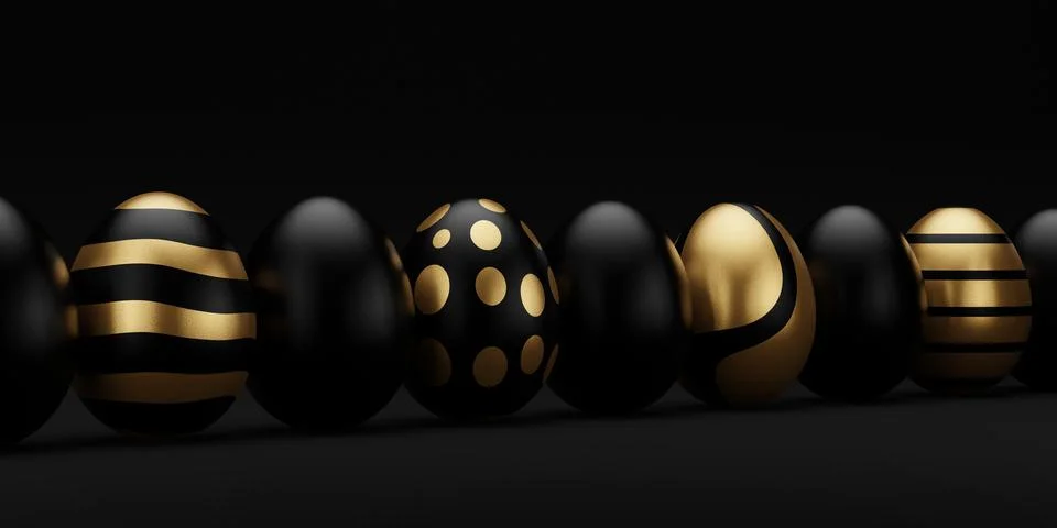 3d render luxury golden easter egg in row on dark background. Elegant painted 스톡 일러스트