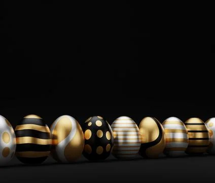 3d render luxury golden easter egg in row on dark background. Elegant painted 스톡 일러스트