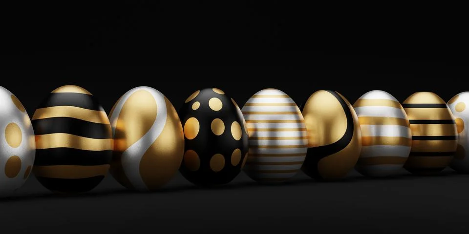 3d render luxury golden easter egg in row on dark background. Elegant painted 스톡 일러스트