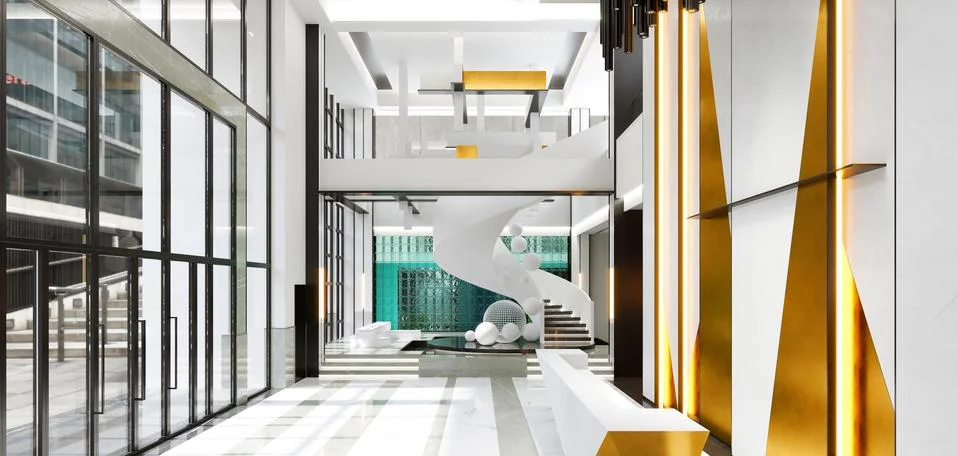 3d render of luxury hotel reception lobby 스톡 일러스트