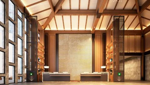 3d render of luxury hotel reception lobby Illustrazione stock