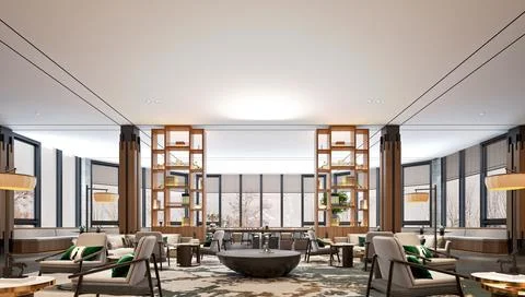3d render of luxury hotel reception lobby Illustrazione stock