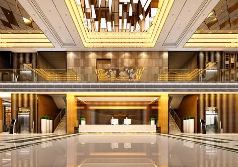 3d render of luxury hotel reception lobby Illustrazione stock