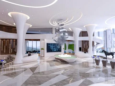 3d render of luxury hotel reception lobby Fotos de archivo