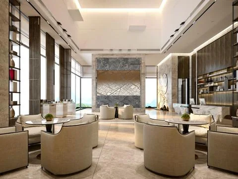 3d render of luxury hotel reception lobby Fotos de archivo