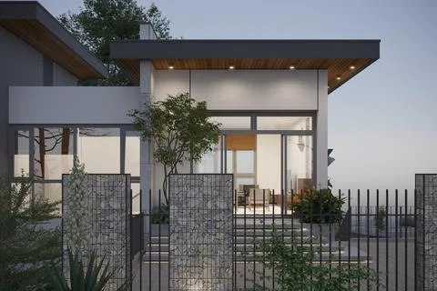 3D RENDER OF LUXURY HOUSE VILLA EXTERIOR VIEW Stock Illustration