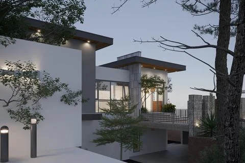 3D RENDER OF LUXURY HOUSE VILLA EXTERIOR VIEW Stock Illustration