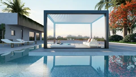 3D render of luxury villa with glass pergola Stock Footage 277728262