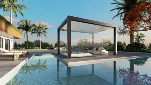 3D render of luxury villa with glass pergola side view zoom in Stock Footage 277728340