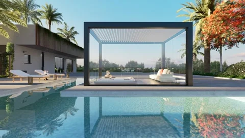 3D render of luxury villa with glass pergola horizontal trucking Stock Footage 277728391
