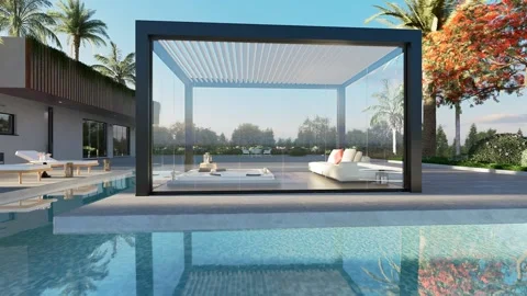 3D render of luxury villa with glass pergola orbit shot Stock Footage 277728402