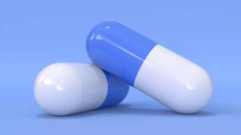 3d render macro plan of white and blue tablets capsules on a blue background. Stock Illustration