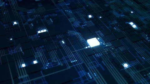 3D Render of a macro view of a Futuristic Electronic Circuit Board Stock Illustration