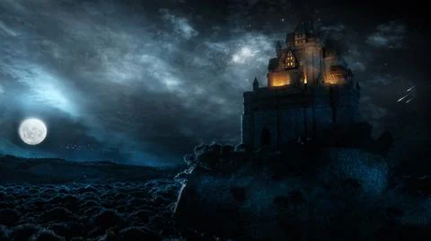 A 3D render of a magnificent fantasy castle on a hill at night with the moon  Stock Illustration