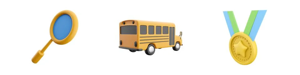 3d render magnifier, school bus, award icon set on white background. 3d Stock Illustration