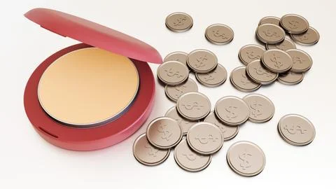 3D render of makeup compacts on a pile of coins. Stockillustratie