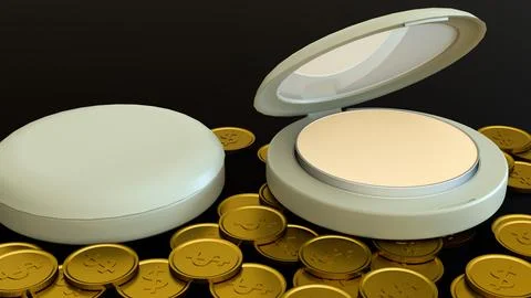 3D render of makeup compacts on a pile of coins. Stockillustratie