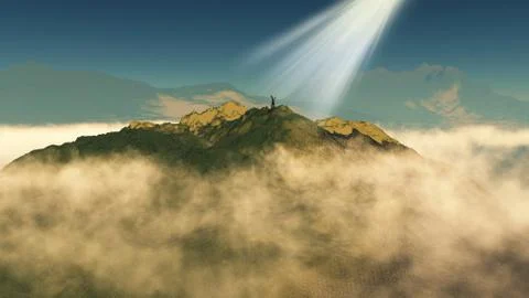 3D render of a male figure stood atop a mountain 스톡 일러스트