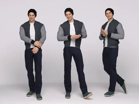 3D Render :  male model is  with 3 different body action Stock Illustration