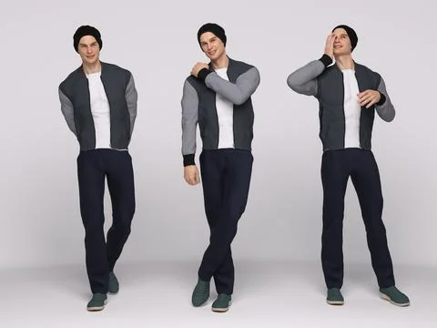 3D Render :  male model is  with 3 different body action Stock Illustration