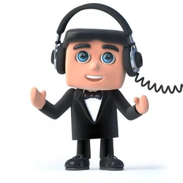 3d render of a man in a bow tie and tuxedo wearing a pair of headphones Stockillustratie