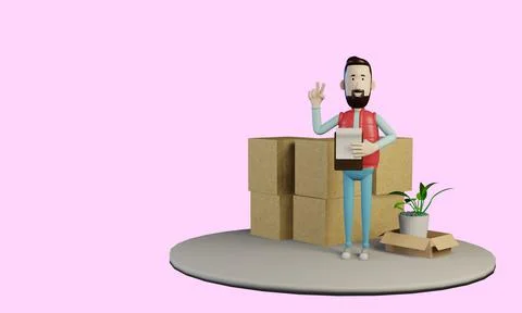 3d render. Man character checks delivery of cargo in boxes. Cartoon style. Stock Illustration