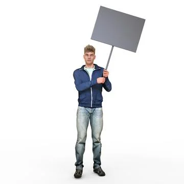 3D Render : A man with an empty banner or signboard in his hand, isolated Stock Illustration