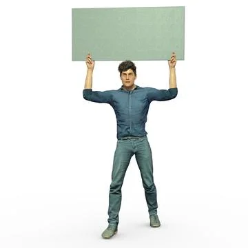 3D Render : A man with an empty banner or signboard in his hand, isolated Illustrazione stock