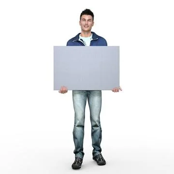3D Render : A man with an empty banner or signboard in his hand, isolated Stock Illustration