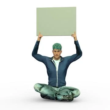 3D Render : A man with an empty banner or signboard in his hand, isolated Illustrazione stock