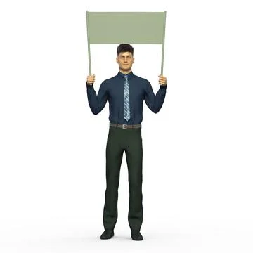 3D Render : A man with an empty banner or signboard in his hand, isolated Illustrazione stock