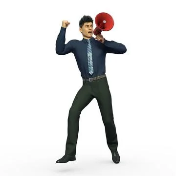 3D Render : A man with a megaphone in his hand is shouting, isolated Illustrazione stock