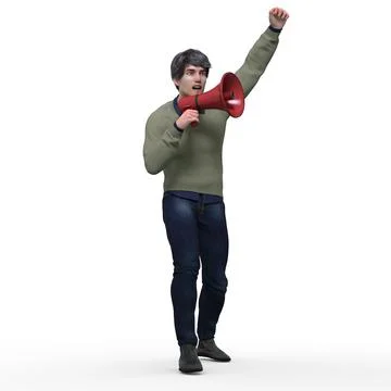 3D Render : A man with a megaphone in his hand is shouting, isolated Illustrazione stock