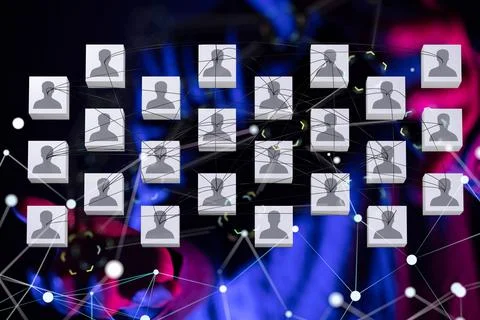 3d render of man tapping on hologram of network of interconnected dots. Network, Stock Photos