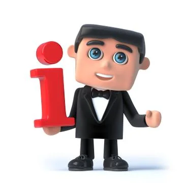 3d render of a man in a tuxedo and bow tie holding an information symbol Stockillustratie