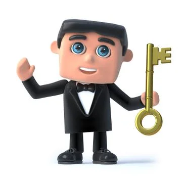 3d render of a man in a tuxedo and bow tie holding a gold key Stock Illustration