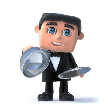 3d render of a man in a tuxedo and bow tie holding a silver service tray and Stock Illustration
