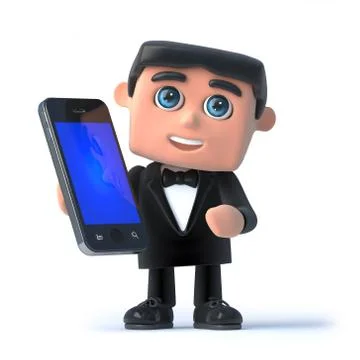 3d render of a man in a tuxedo and bow tie holding a smartphone Stockillustratie