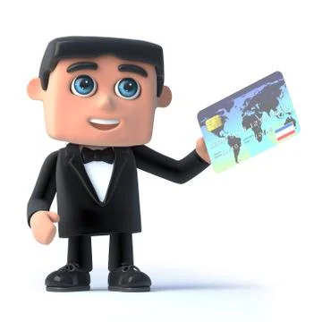 3d render of a man in a tuxedo and bow tie holding a credit card 스톡 일러스트