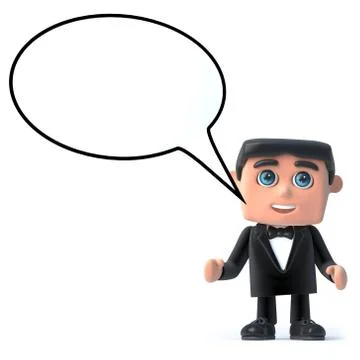 3d render of a man in a tuxedo and bow tie with speech bubble 스톡 일러스트