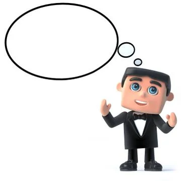 3d render of a man in a tuxedo and bow tie with thought balloon Stockillustratie